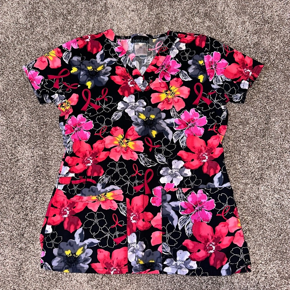 Cherokee Floral Cancer Medical Scrub Top